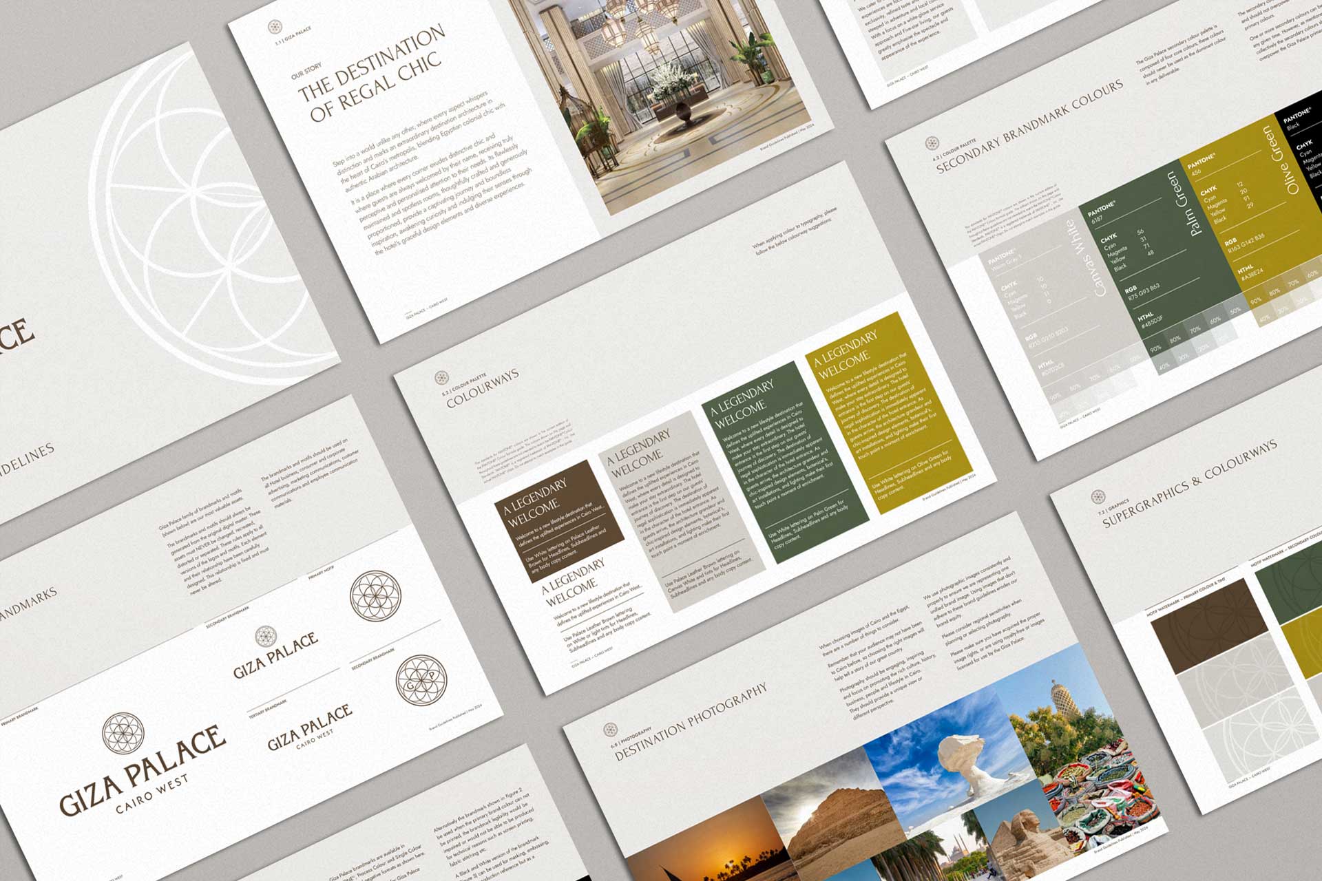 Brand guideline sheets for Giza Palace Cairo West displaying logo designs, color palettes, typography, and destination photography with images of Egyptian landmarks.