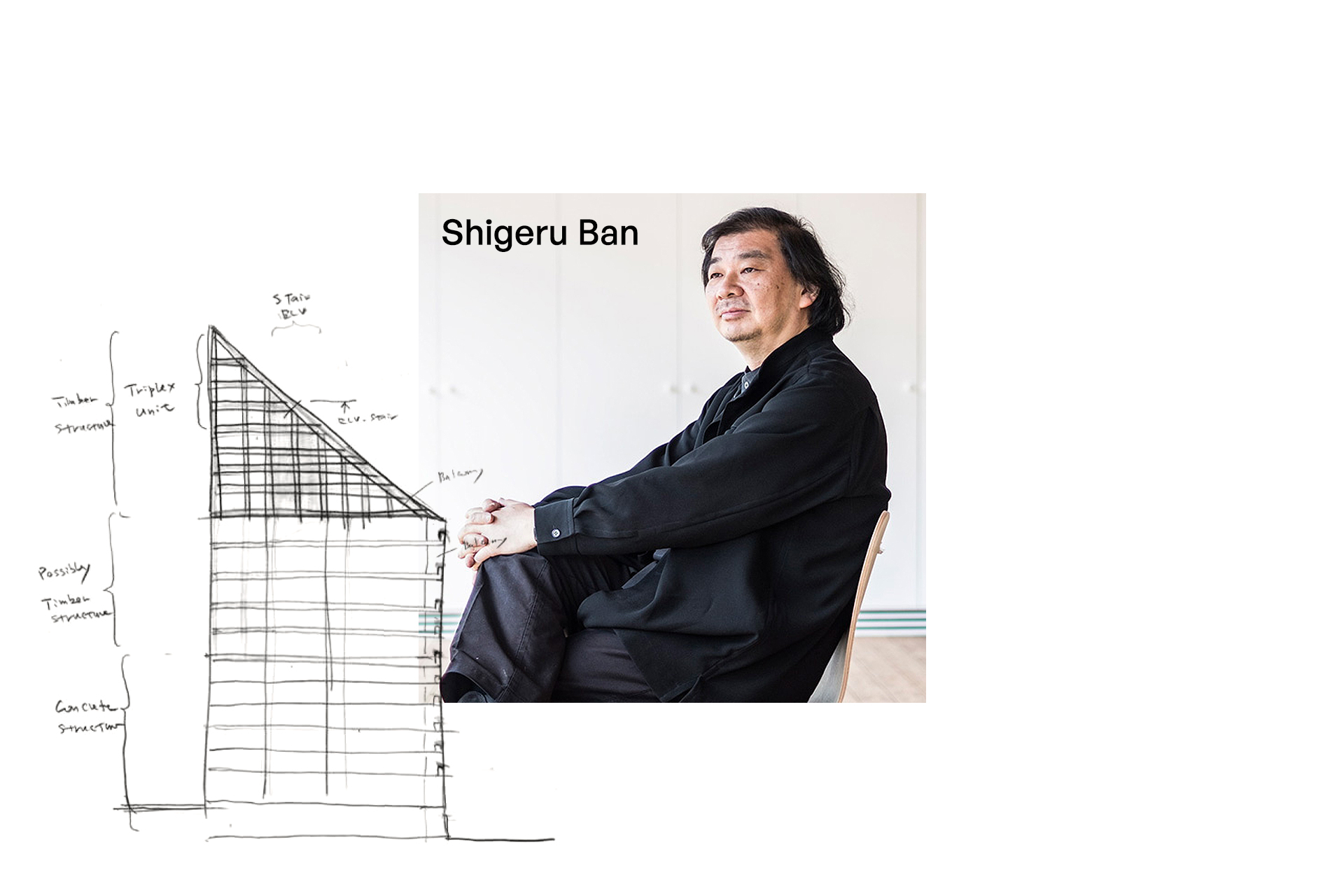 Portrait of architect Shigeru Ban seated beside a hand-drawn architectural sketch of a building structure.