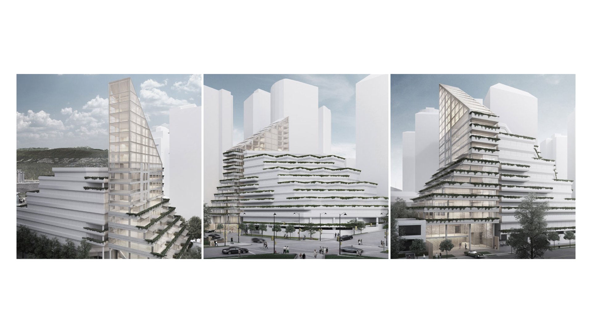 Three architectural renderings of a modern stepped mixed-use building with greenery strips on each terrace and a tall glass tower rising from one corner against a city skyline background.