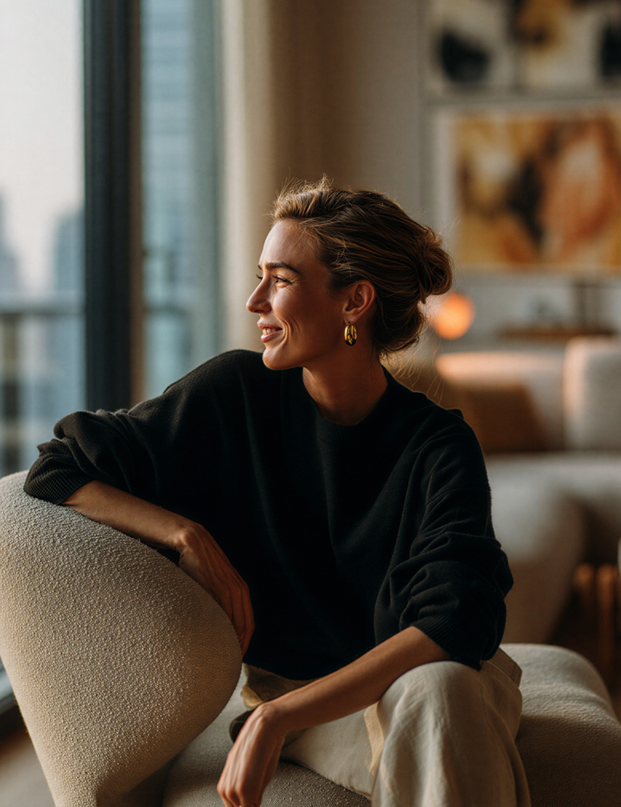 Elegant Woman relaxing in her Branded Residences in Canada.