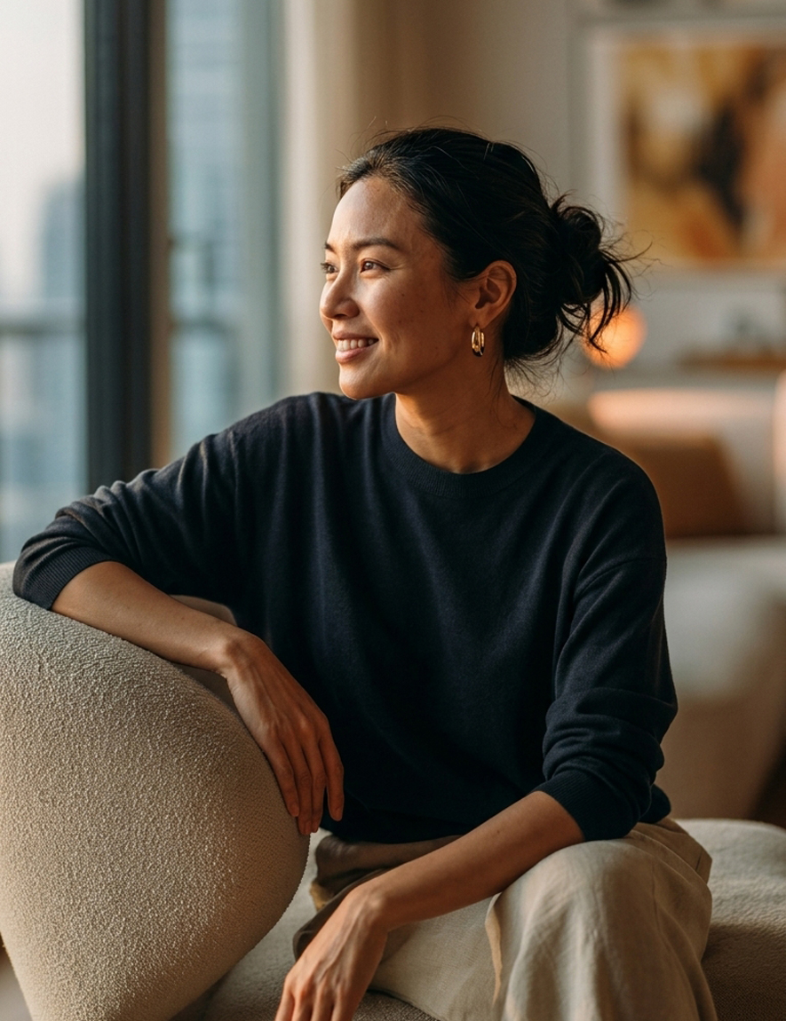 Asian Woman relaxing in her Branded Residences in Singapore.