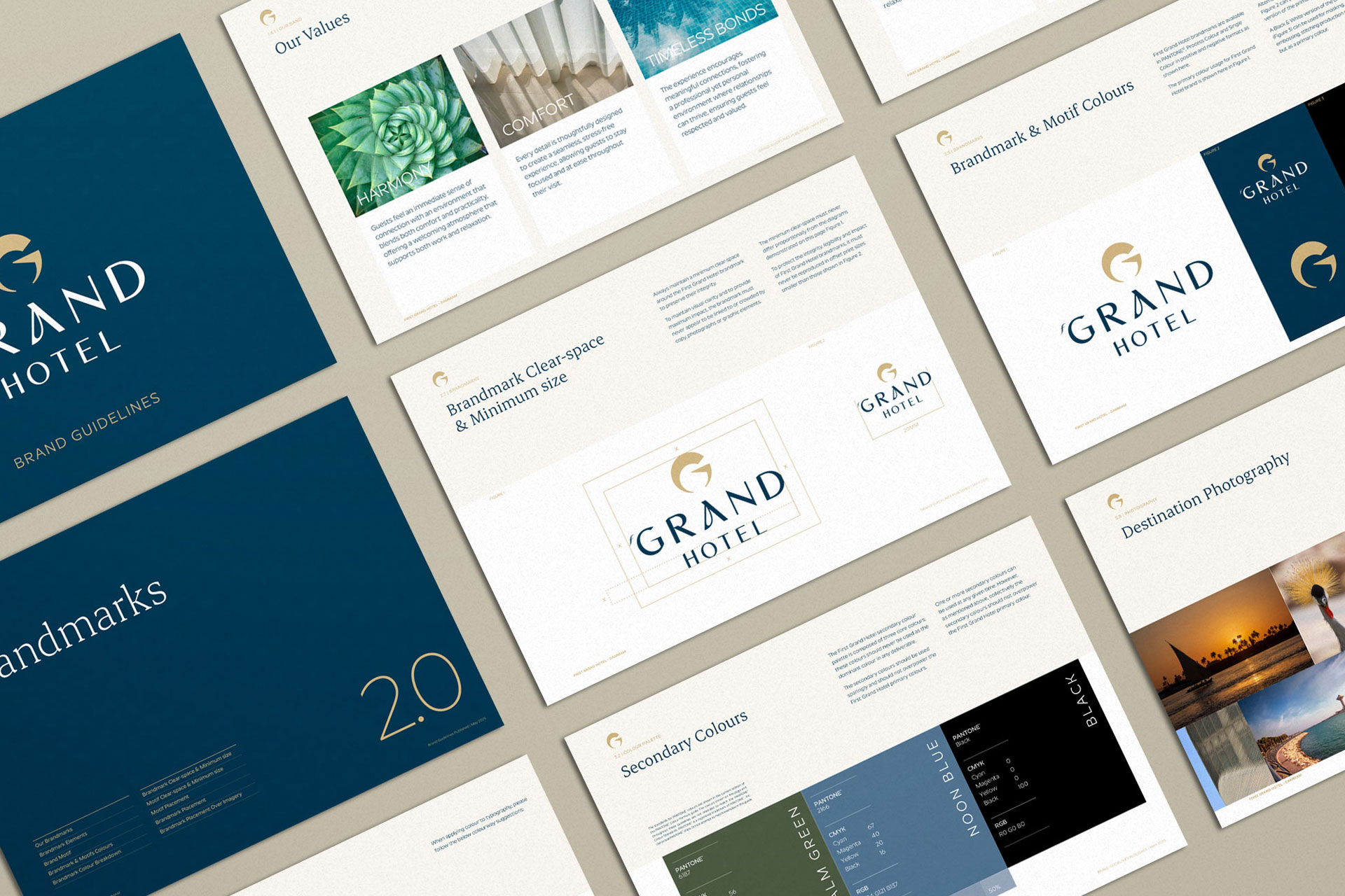 Brand guideline sheets for Giza Palace Cairo West displaying logo designs, color palettes, typography, and destination photography with images of Egyptian landmarks.