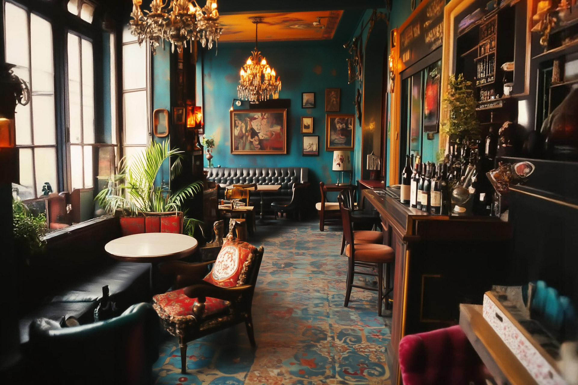 Cozy vintage bar and lounge with chandeliers, patterned carpet, paintings, and cushioned chairs around small tables.