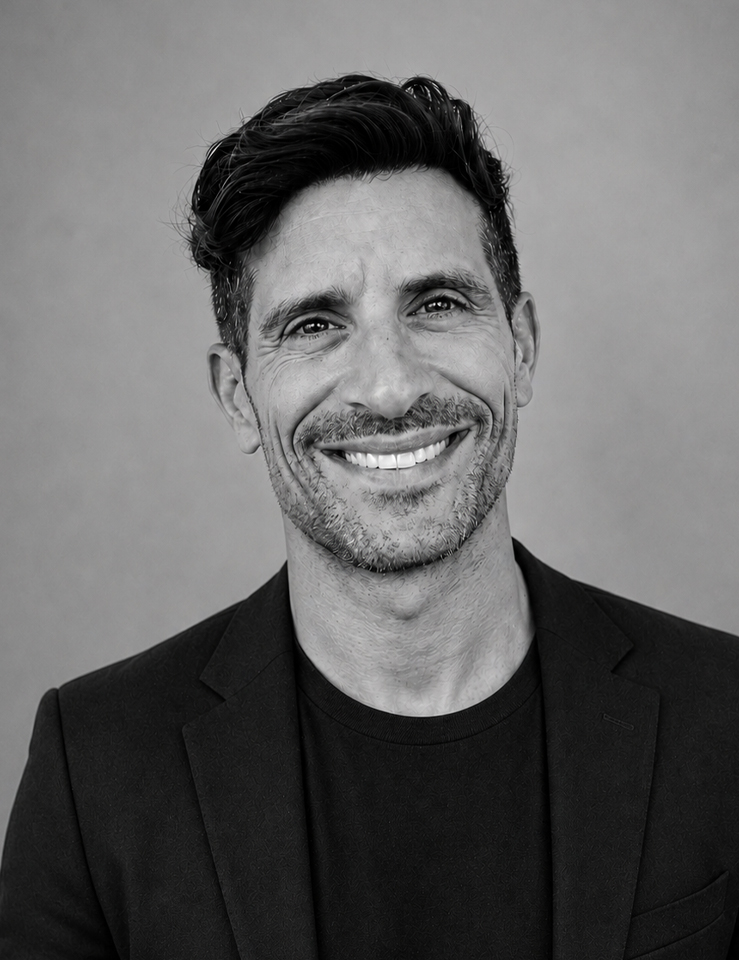 Smiling man with dark hair and stubble wearing a black blazer and shirt against a gray background.