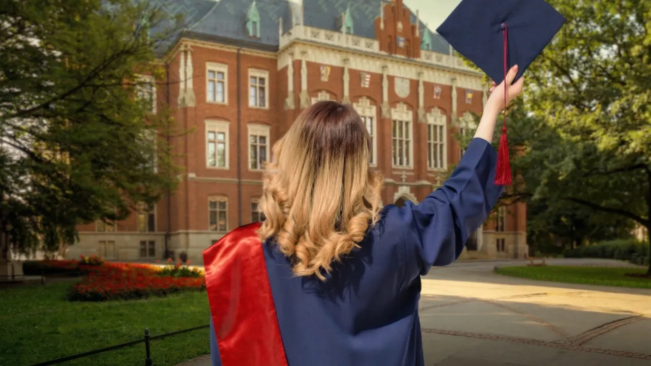 Graduate in a blue academic gown and red sash in front of Jagiellonian University, in Krakow, Poland