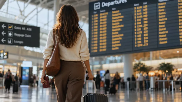Woman with a suitcase at airport departures