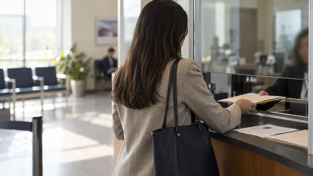 Applicant handing documents to a consular clerk while applying for a first Polish passport abroad