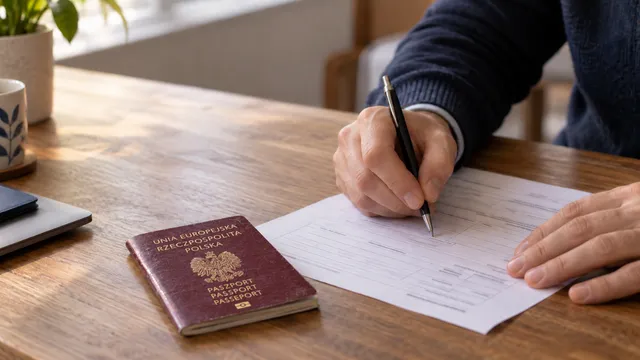 Hands filling out a Polish passport renewal application beside an expiring passport