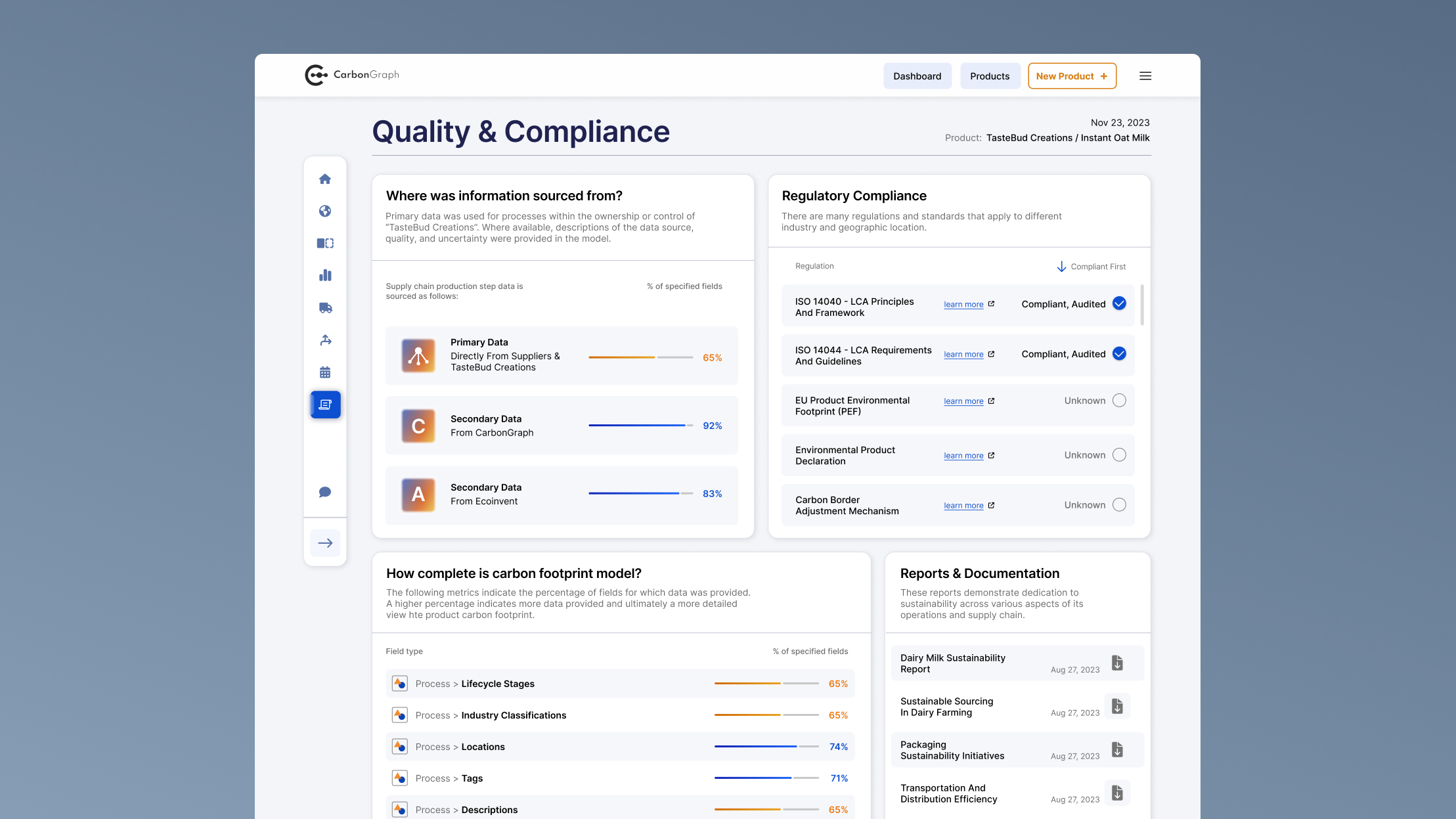 Quality & Compliance. Enables decision makers to analyze data quality, locate gaps in product compliance and track progress on the carbon footprinting model.