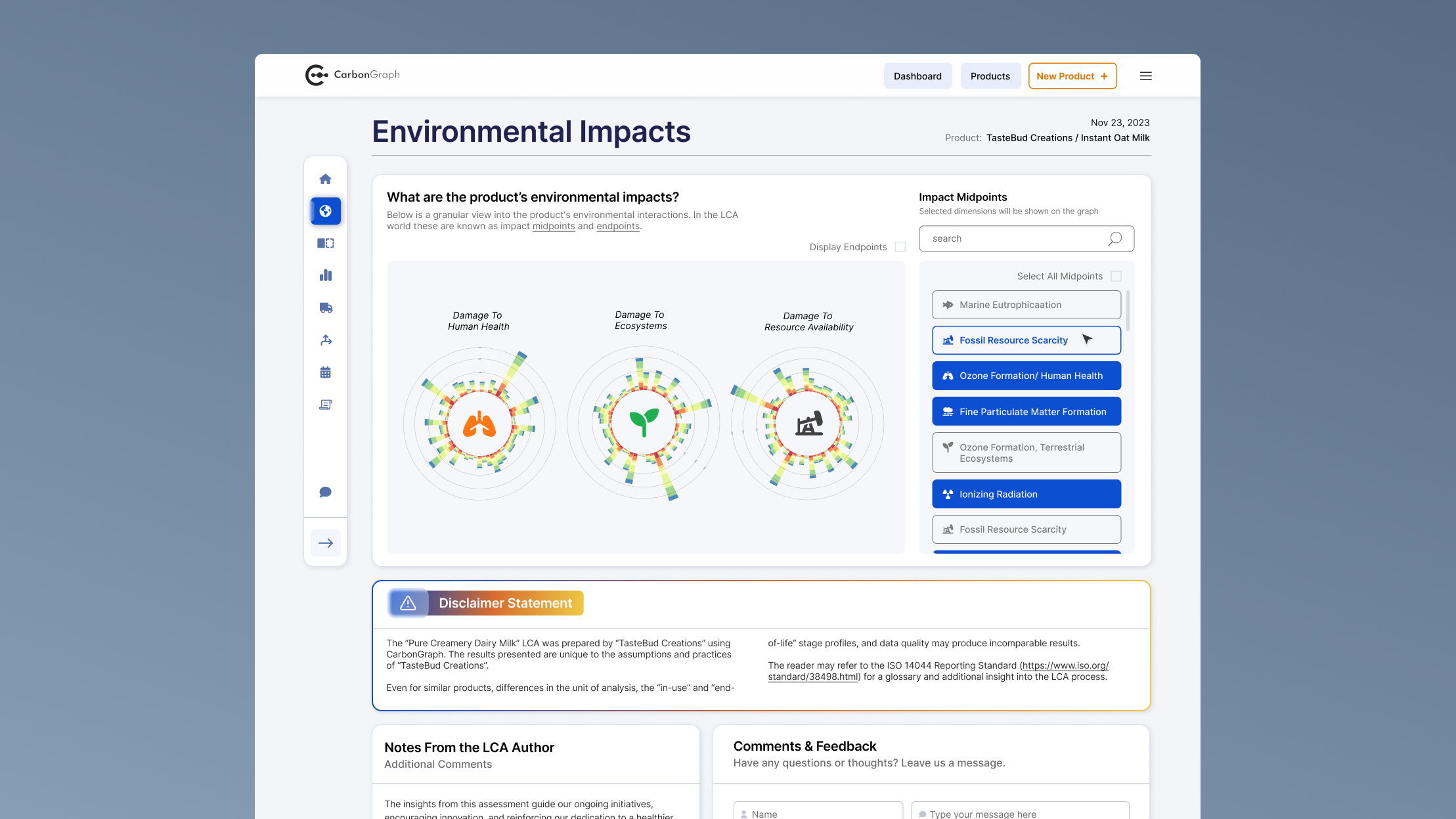 Environmental Impacts. Detailed breakdown of the product lifecycle impacts on human health, ecosystem and resource scarcity. Toggle subcategories on and off for more granular control.