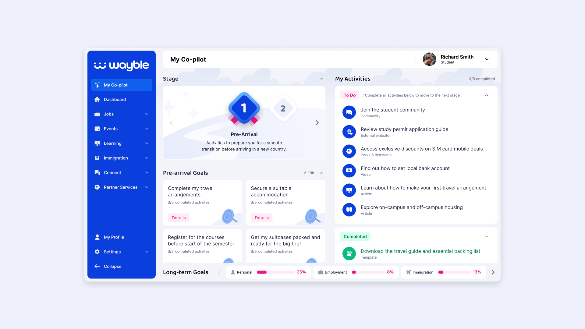 Co-pilot’s dashboard provides students with tailored activities for their stage and visualizes progress through stage and long-term goals.