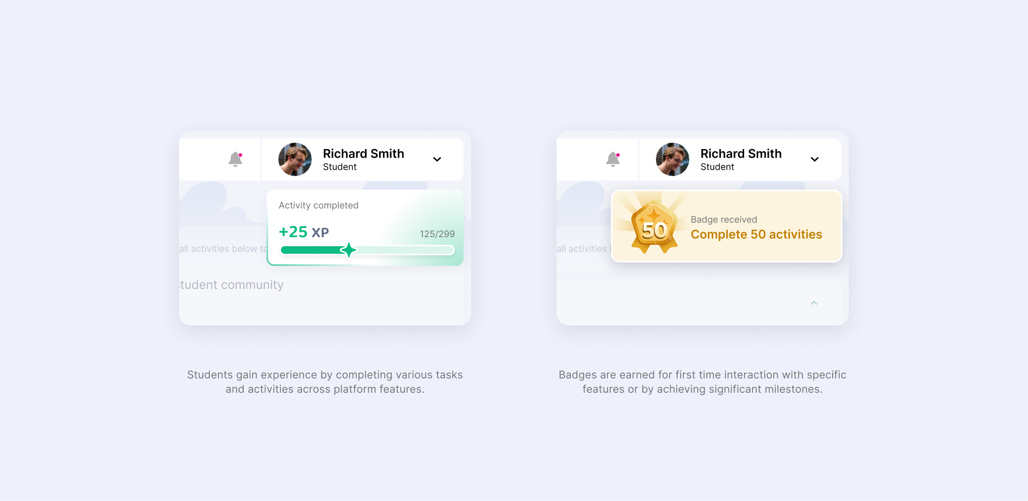 Experience and badges are gained by completing various activities and goals.