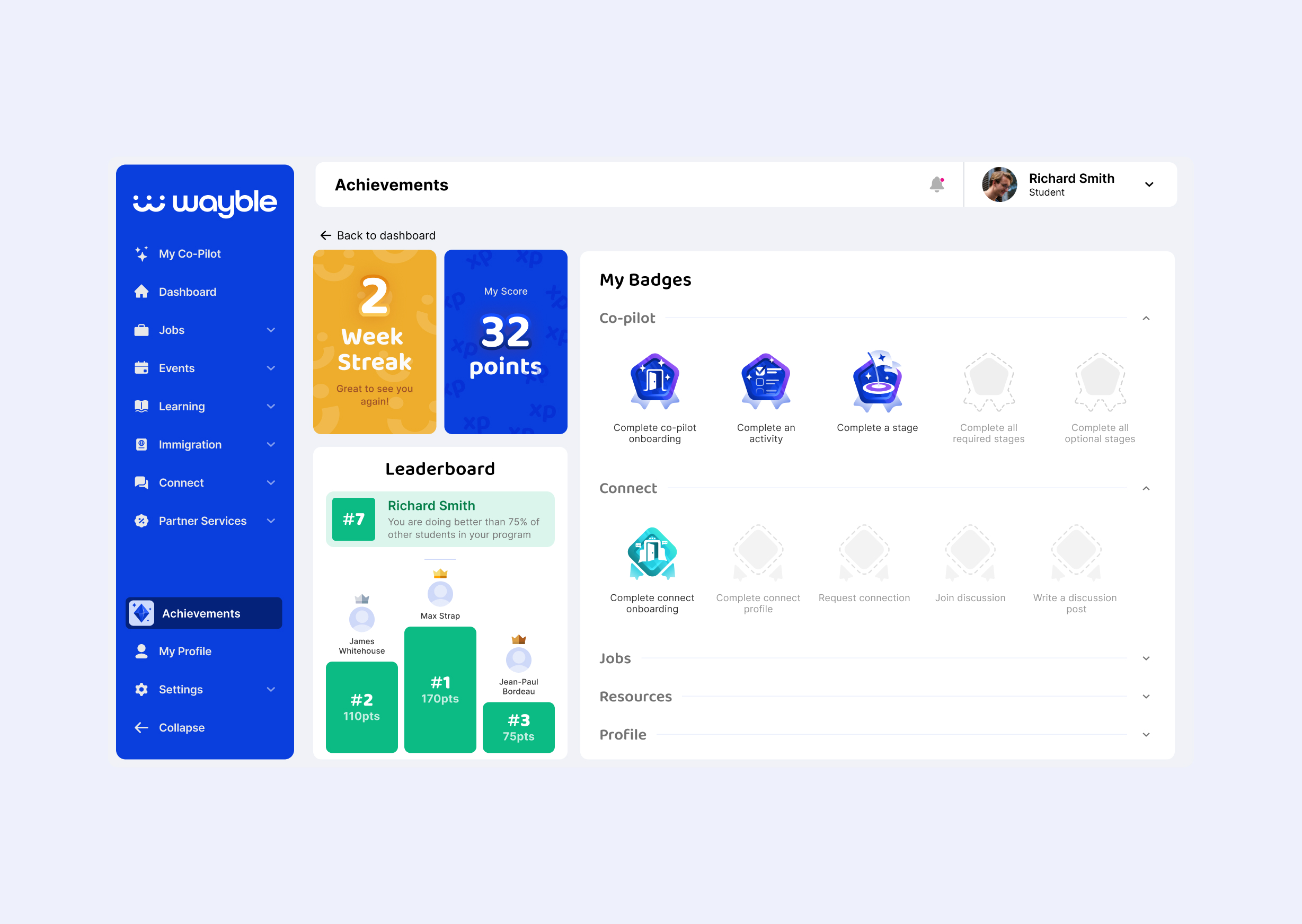 tudents could track their progress and view earned badges on a dedicated Achievements page.