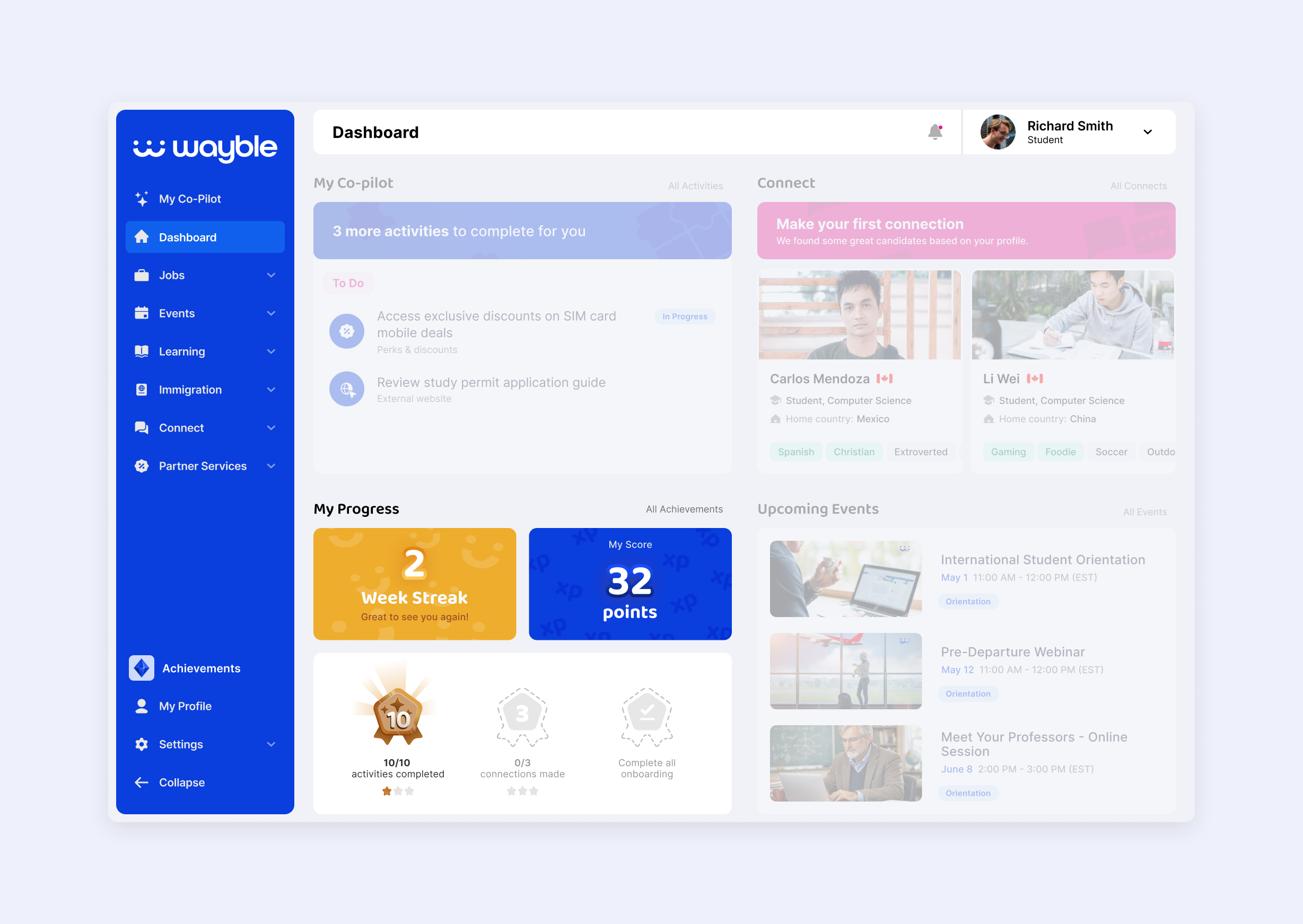 A preview of student Achievements is also present on the main dashboard.