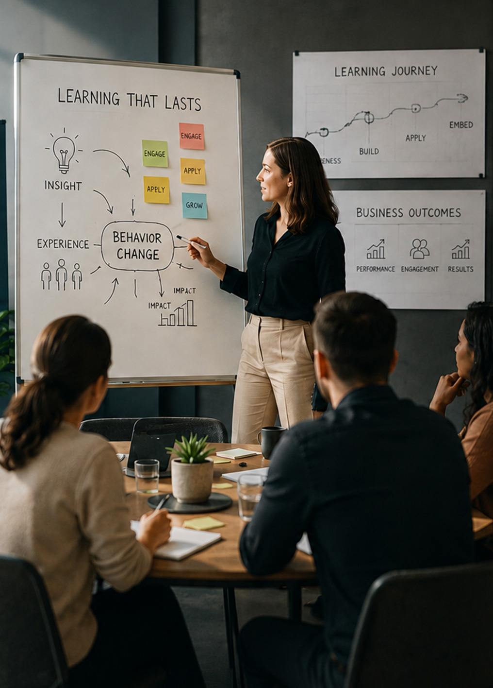Woman presenting behavior change diagram on whiteboard to three seated colleagues in office meeting.