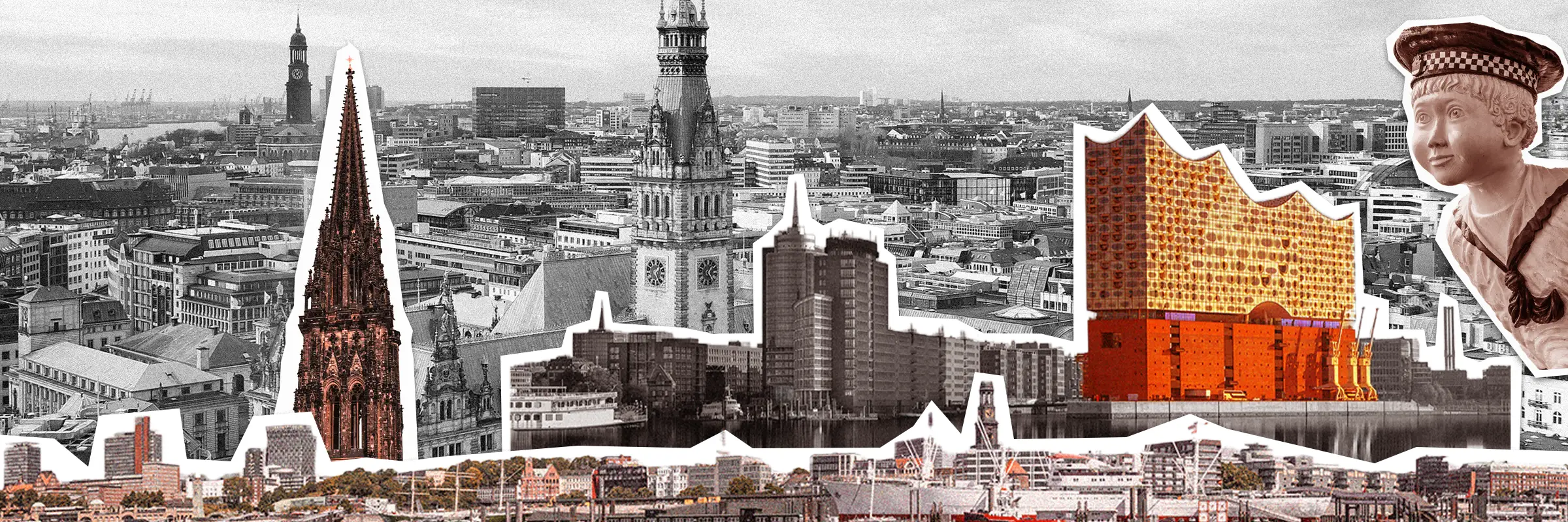 Pop-art collage of Hamburg landmarks – Elbphilharmonie, Rathaus and Speicherstadt for Urban Challenger team event