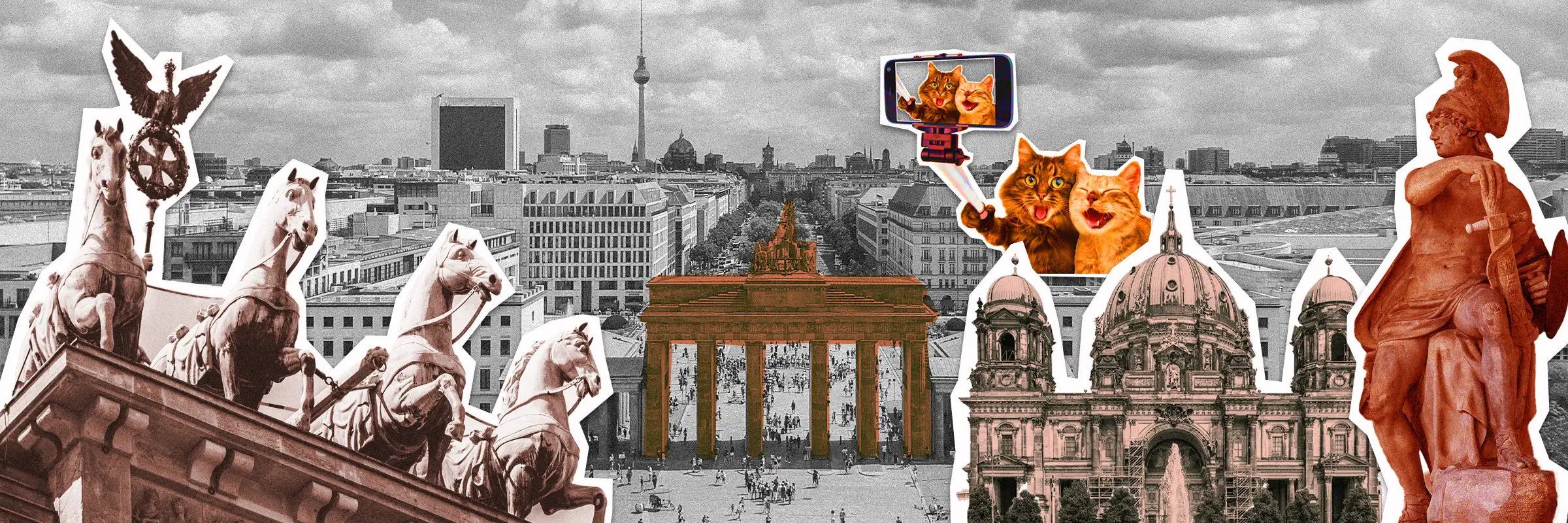 Pop-art collage of Berlin landmarks – Brandenburg Gate, Berlin Cathedral and playful cats for Urban Challenger scavenger hunt