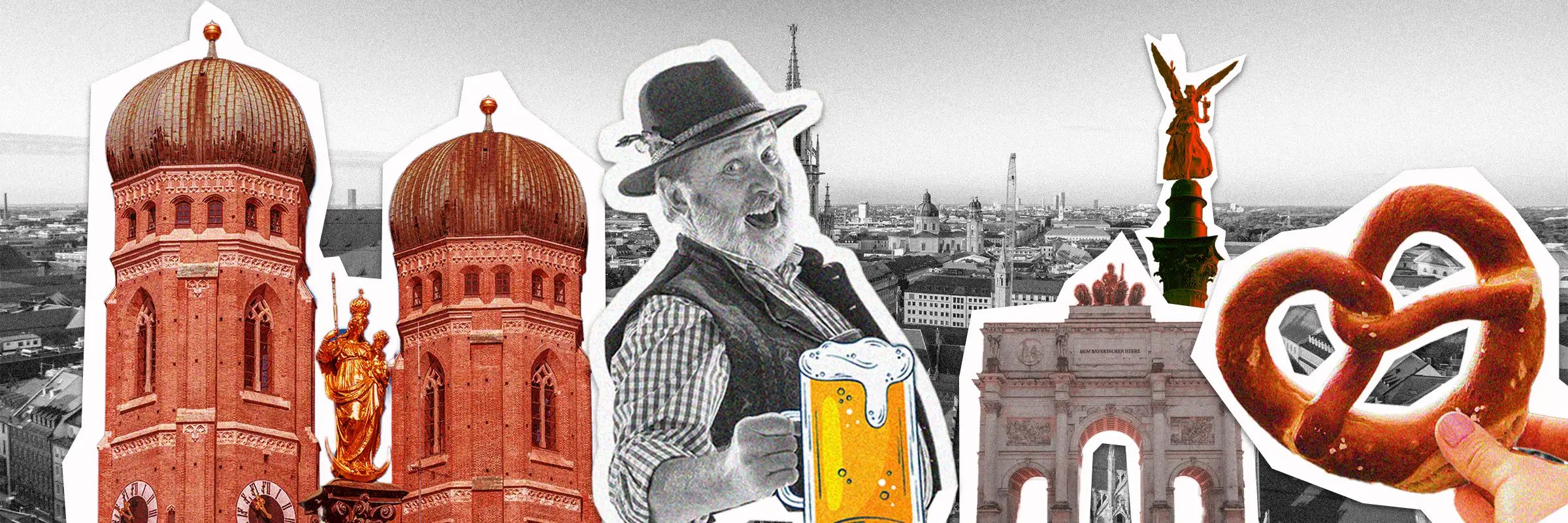 Pop-art collage of Munich landmarks – Frauenkirche towers, Bavarian beer culture and Marienplatz for Urban Challenger scavenger hunt