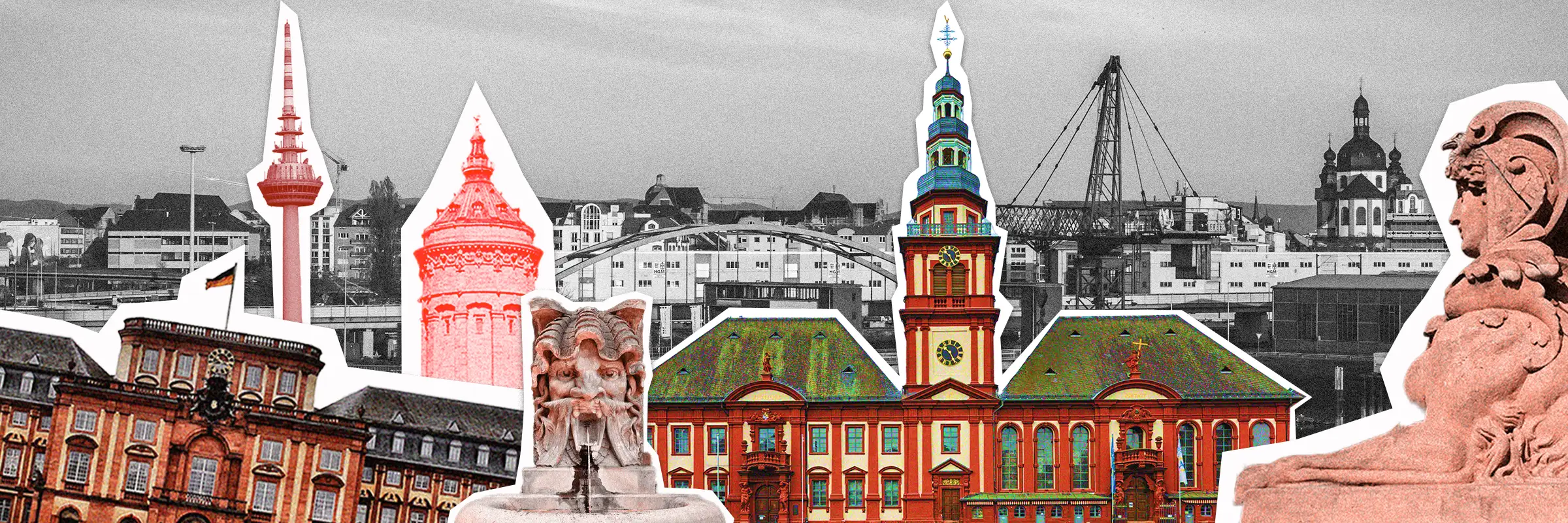 Pop-art collage of Mannheim landmarks – Baroque Palace, TV Tower and Wasserturm for Urban Challenger scavenger hunt