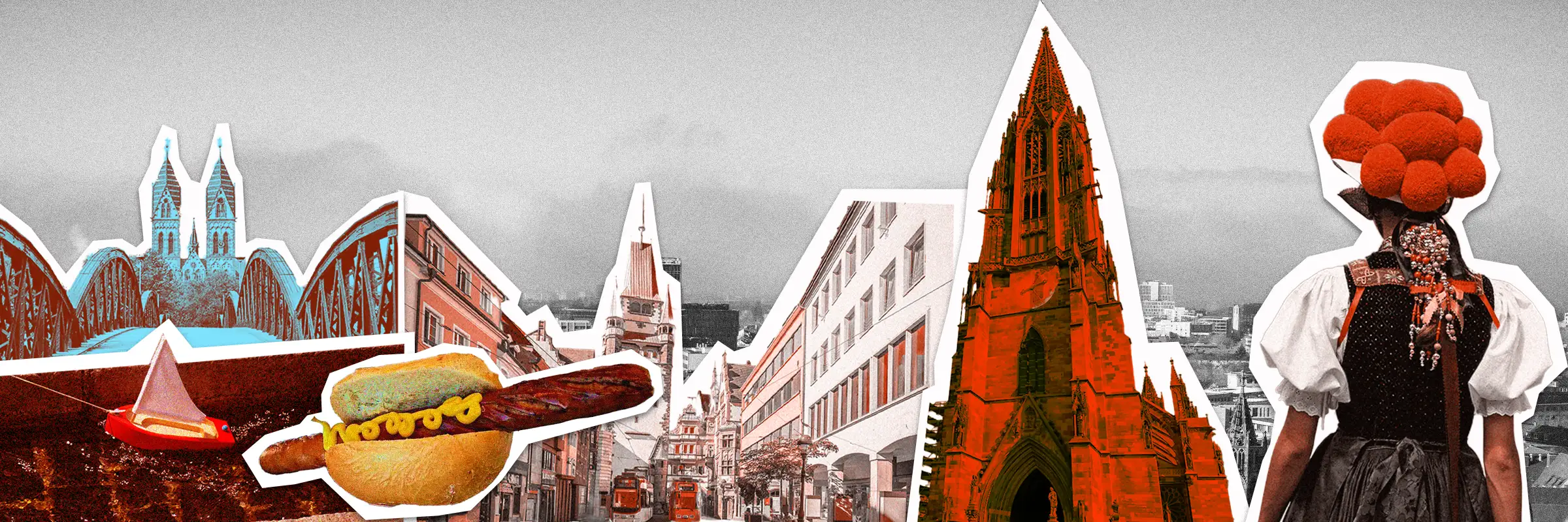 Pop-Art-Collage Freiburger Wahrzeichen – Münster, Bollenhut und Martinstor für Urban Challenger Teamevent