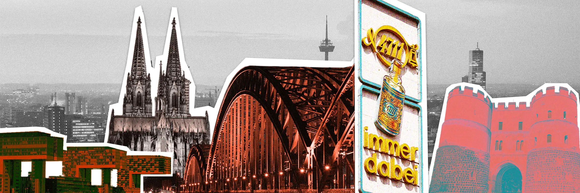 Pop-art collage of Cologne landmarks – Cathedral, Hohenzollern Bridge and Hahnentor for Urban Challenger team event
