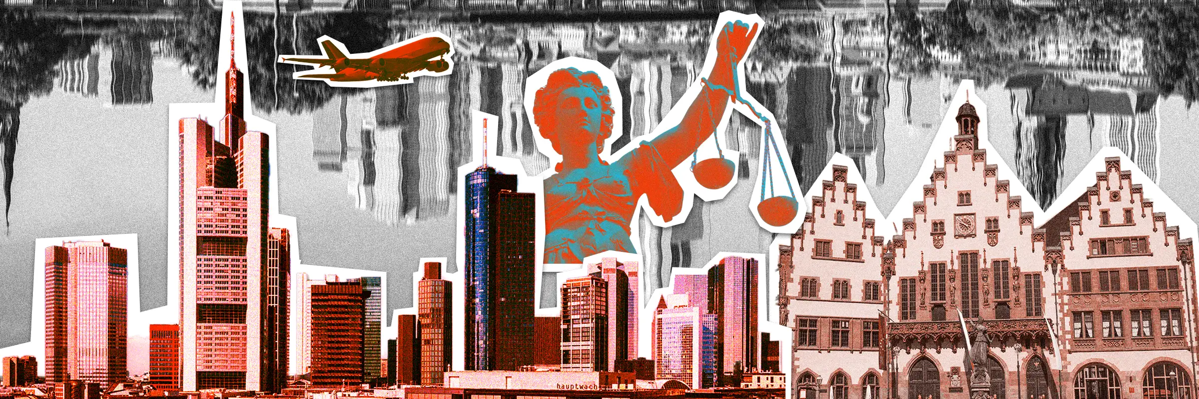 Pop-Art-Collage Frankfurter Wahrzeichen – Justitia-Statue, Römer und Skyline für Urban Challenger Schnitzeljagd