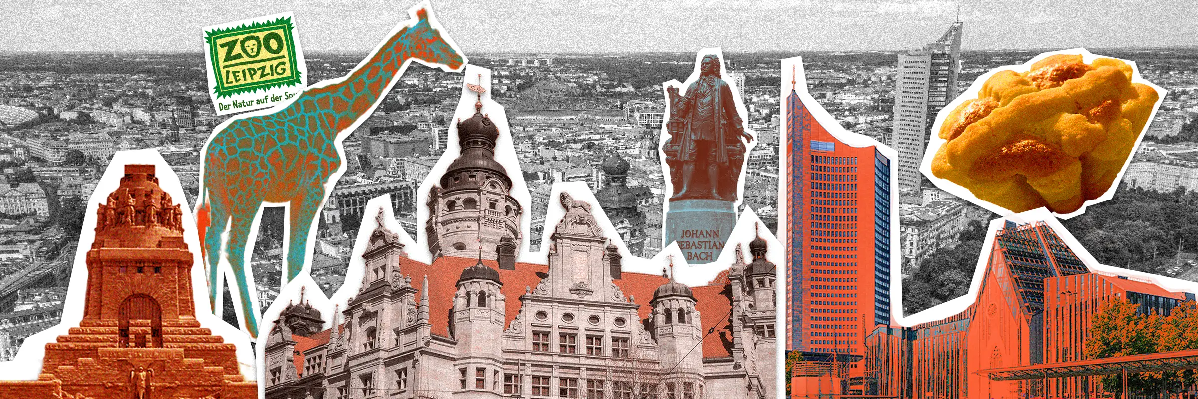 Pop-art collage of Leipzig landmarks – City-Hochhaus, Thomaskirche and Bach monument for Urban Challenger scavenger hunt