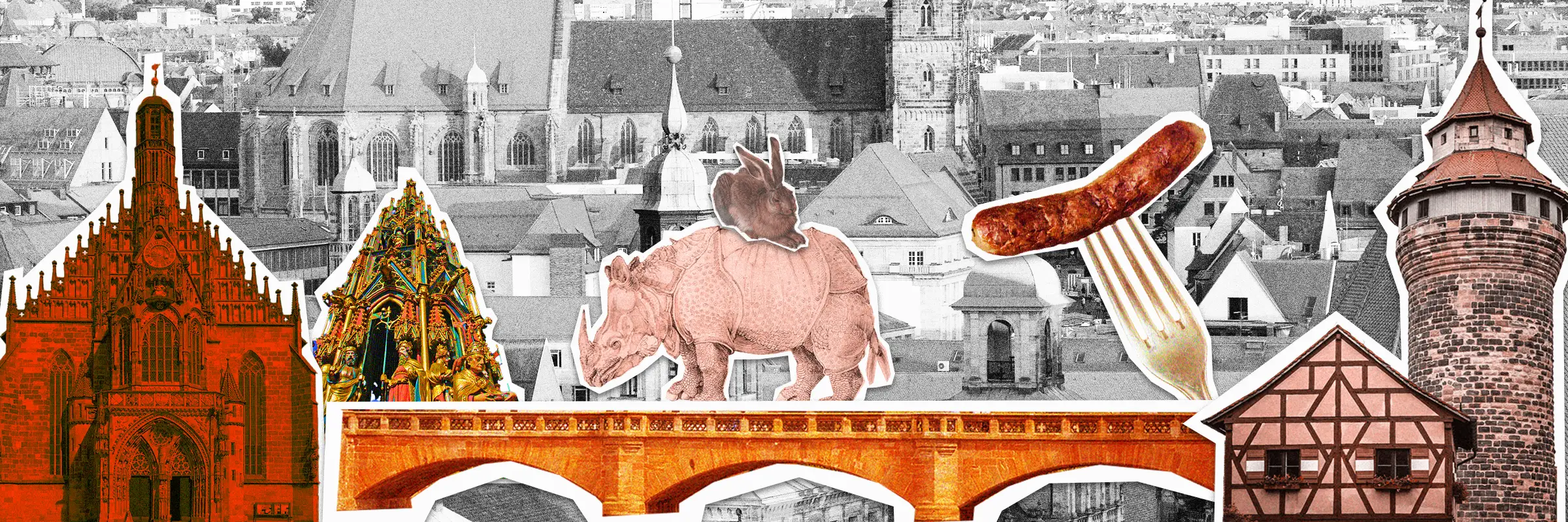 Pop-art collage of Nuremberg landmarks – Frauenkirche, Sinwell Tower and Bratwurst for Urban Challenger scavenger hunt