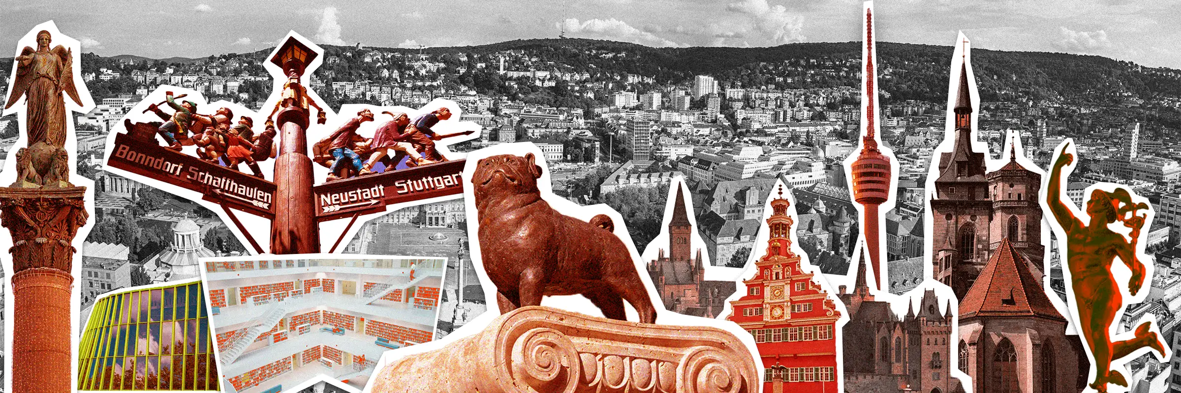 Pop-Art-Collage Stuttgarter Wahrzeichen – Stiftskirche, Fernsehturm und Engelstatue für Urban Challenger Teamevent