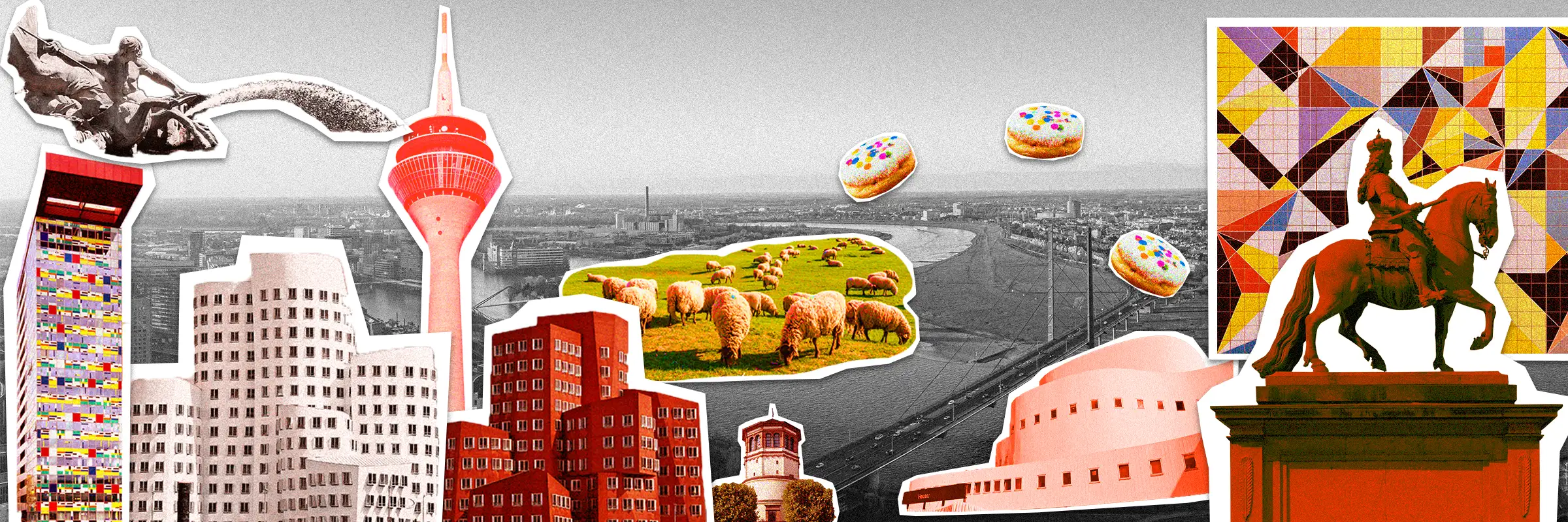Pop-art collage of Düsseldorf landmarks – Rheinturm, Gehry Buildings and MedienHafen for Urban Challenger scavenger hunt