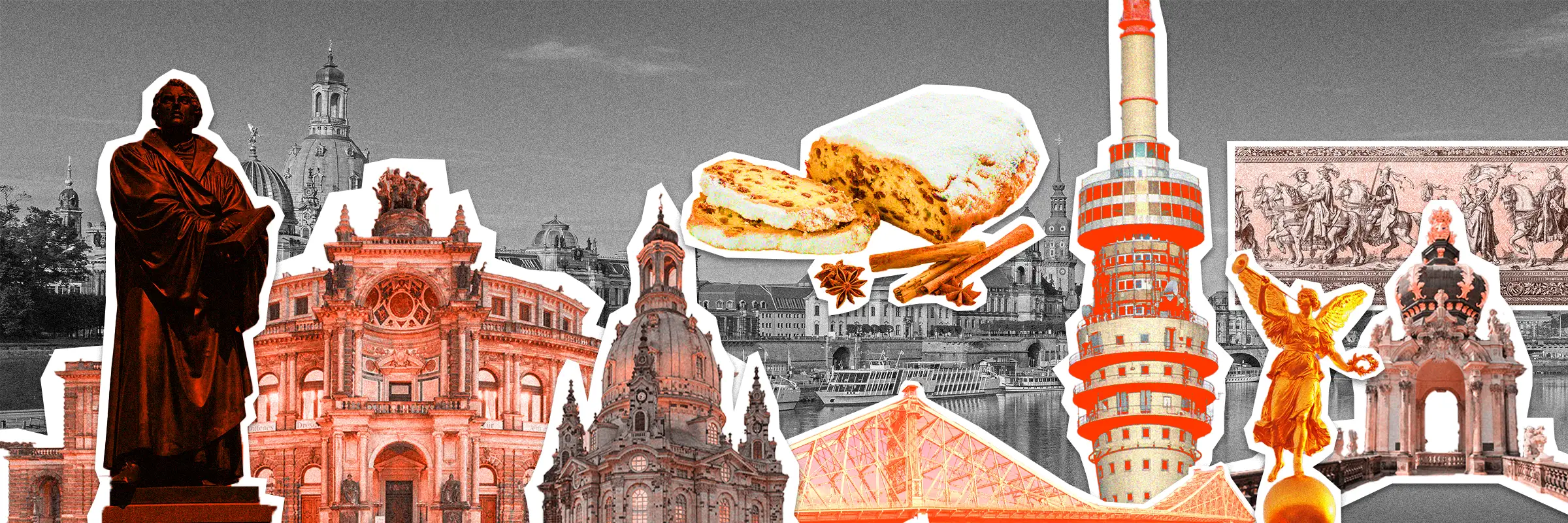 Pop-Art-Collage Dresdner Wahrzeichen – Frauenkirche, Semperoper und Dresdner Stollen für Urban Challenger Teamevent