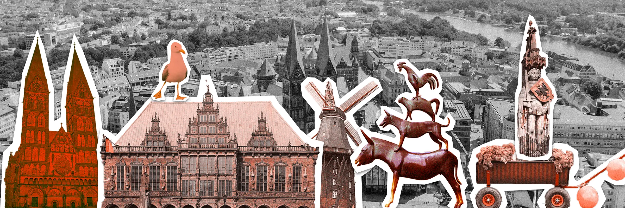 Pop-Art-Collage Bremer Wahrzeichen – Dom, Stadtmusikanten und Rathaus für Urban Challenger Teamevent