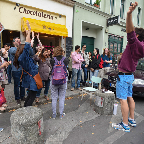 Team enjoying an Urban Challenger scavenger hunt rally through Berlin