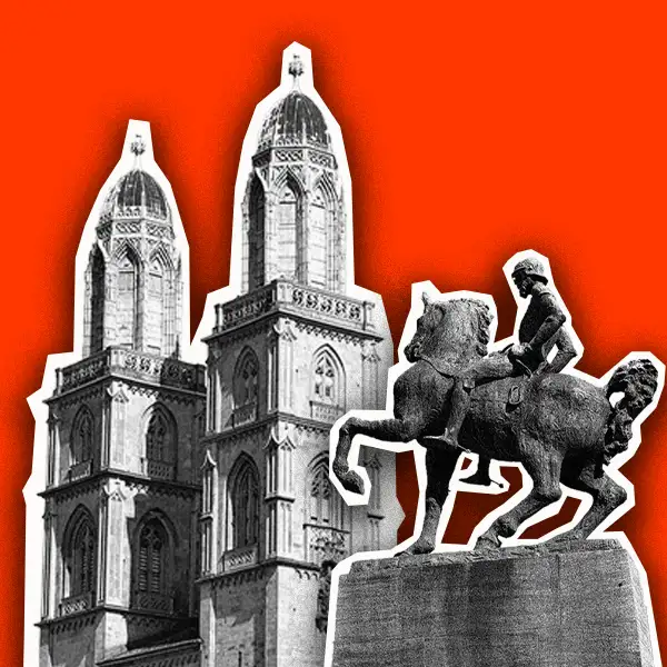 Pop-art collage of Zurich landmarks – Grossmünster, Fraumünster, Hans Waldmann statue and theater masks for Urban Challenger scavenger hunt
