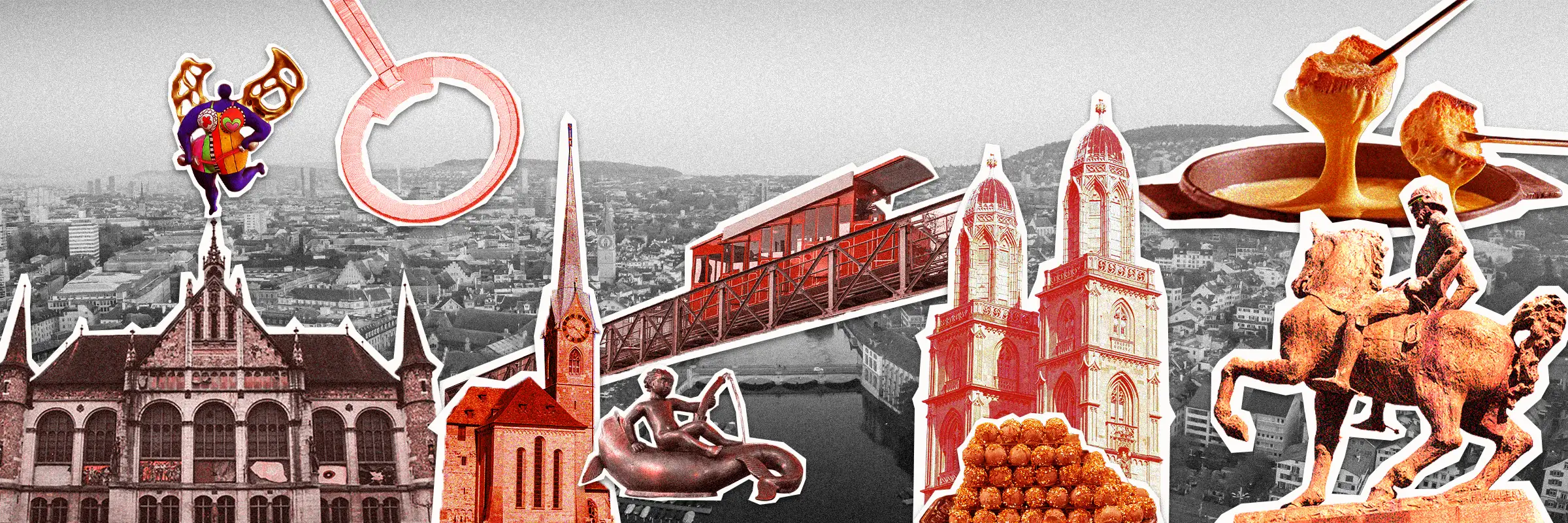 Pop-art collage of Zurich landmarks – Grossmünster, Fraumünster, Hans Waldmann statue and theater masks for Urban Challenger scavenger hunt