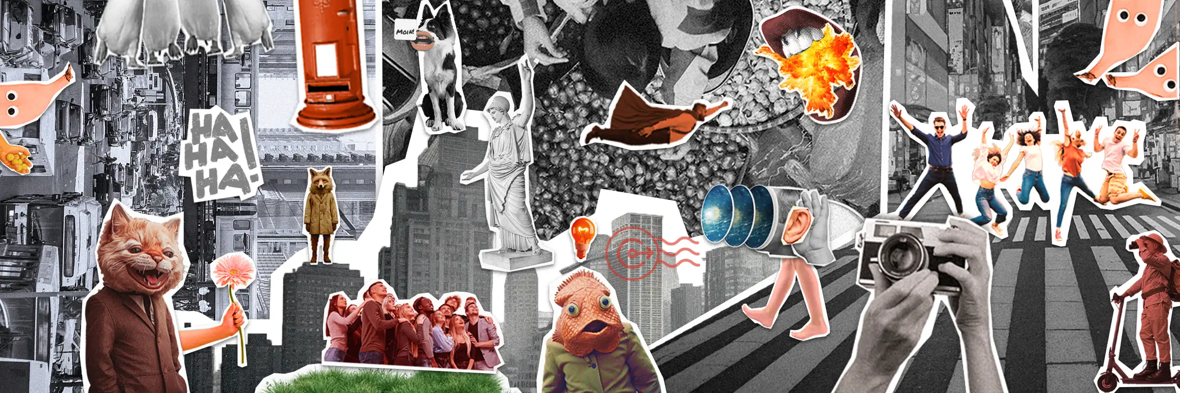 Pop-art collage of urban scenes and fun characters for Urban Challenger scavenger hunt in your city