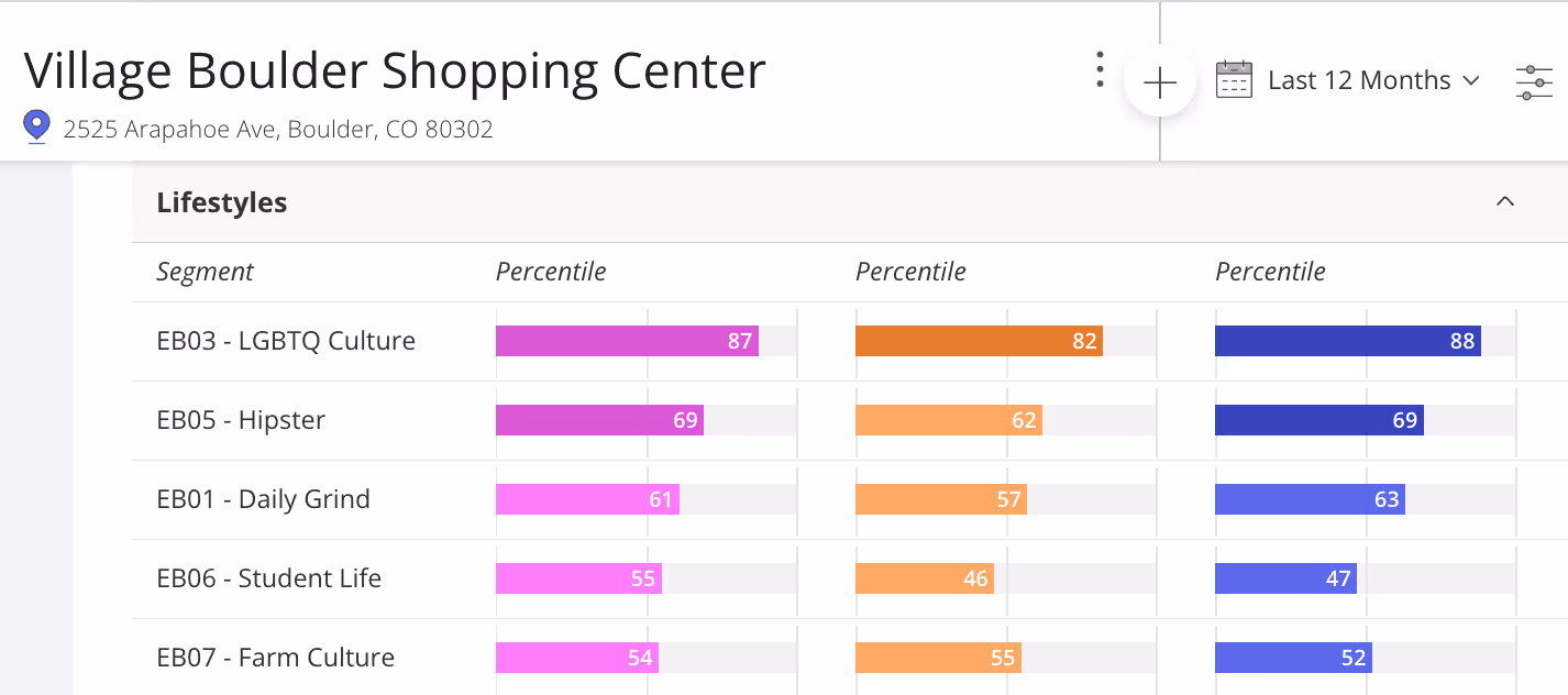 Screenshot from Placer.ai's platform showing the psychographic breakdown of a shopping center's visitors..