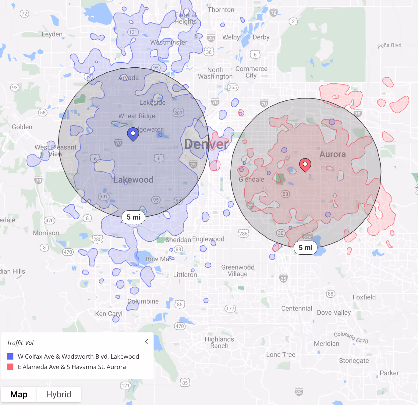 Screenshot from Placer.ai's platform showing the True Trade Area around two different venues near Denver, CO.