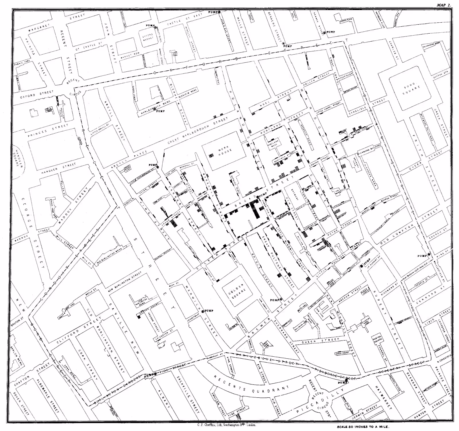 John Snow's famous cholera map – which used geospatial data to determine the source of the outbreak.