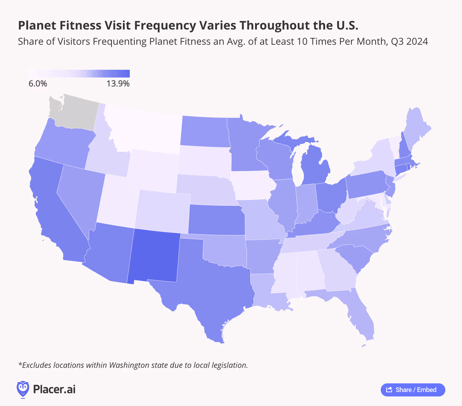 Planet Fitness visit frequency varies throughout the US