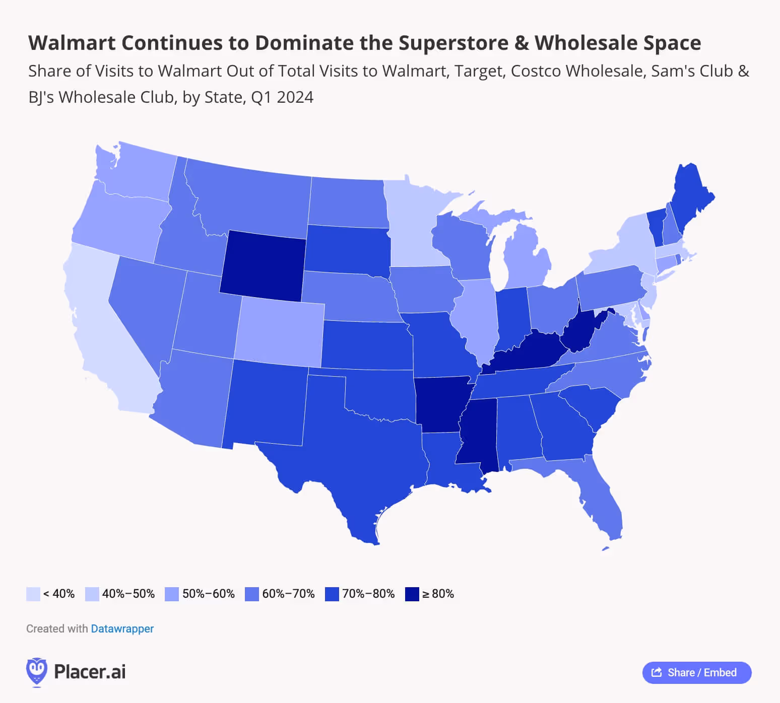 Share of visits to Walmart out of total visits to Walmart, Target, Costco, Sam's Club, and BJ's Wholesale by state, Q1 2024
