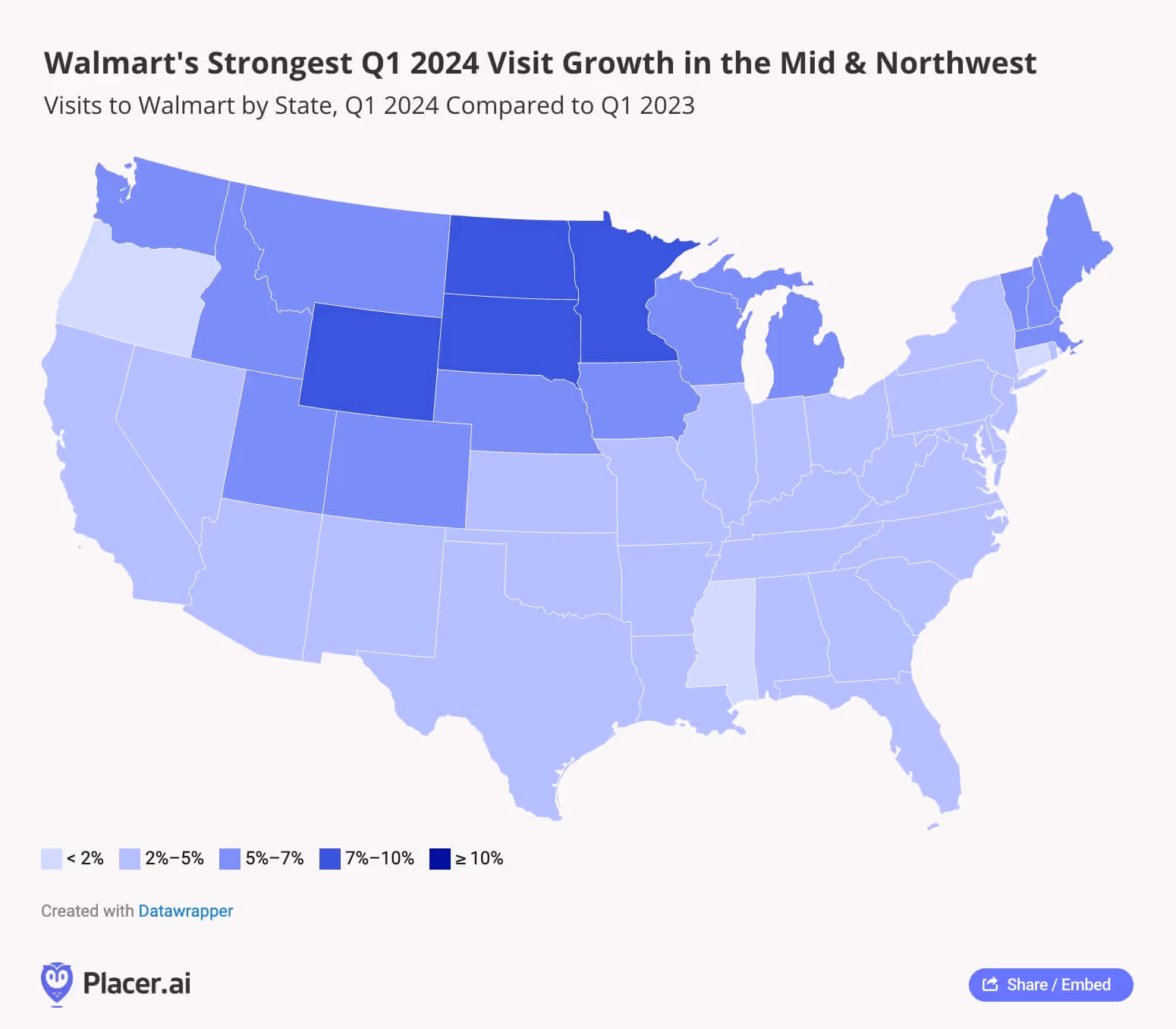Visits to Walmart by state, Q1 2024 compared to Q1 2023