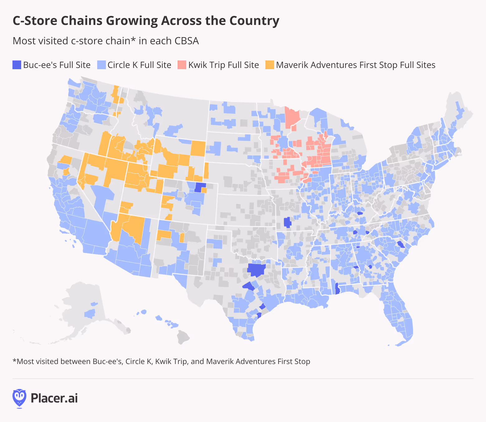 Map of US CBSAs showing most visited c-store per CBSA