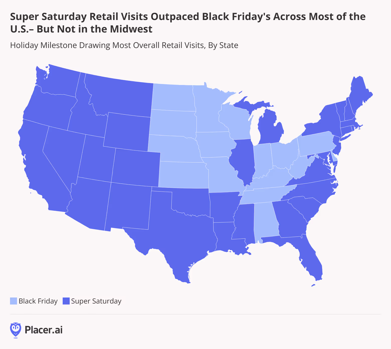Map showing Super Saturday Retail Visits Outpaced Black Friday's Across Most of the U.S.– But Not in the Midwest