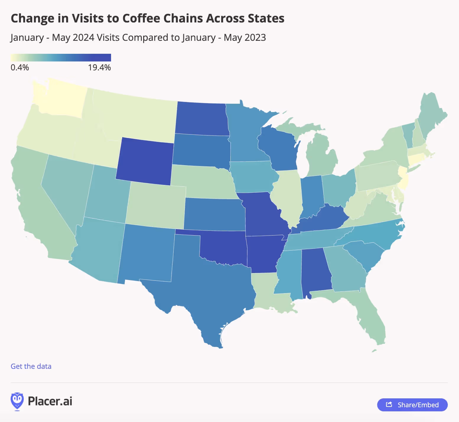 Change in visits to coffee chains across states - Jan. - May '24 visits compared to previous year=