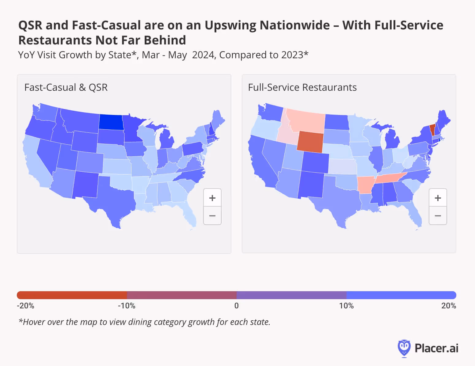 Year-over-year visit growth to fast-casual, full-service, and quick service restaurants, March - May 2024 compared to March - May 2023