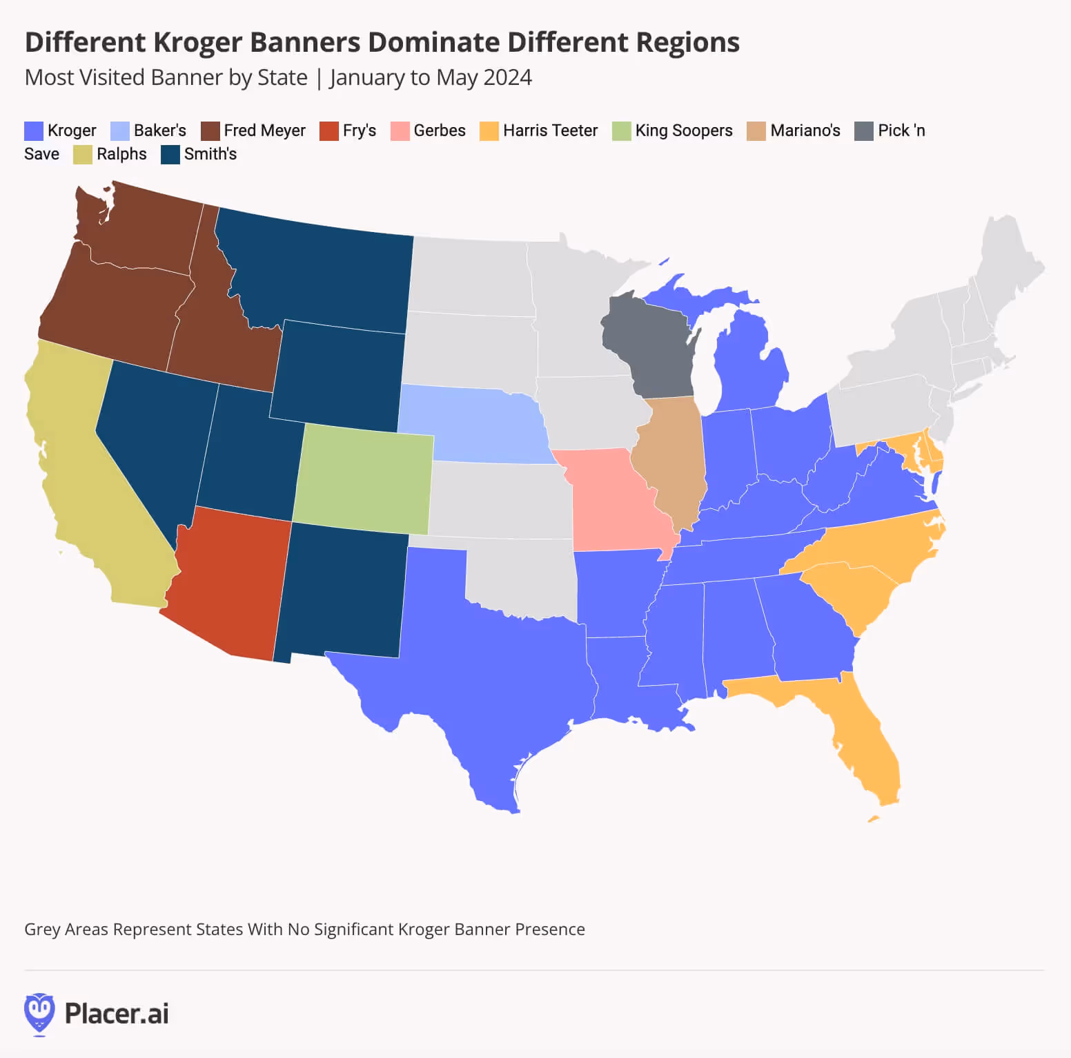 Map showing most visited Kroger banner by state, January - May 2024