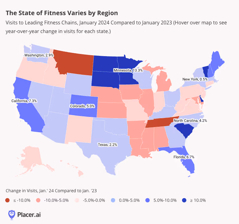 map: YoY visits to fitness chains in Jan 2024 by state