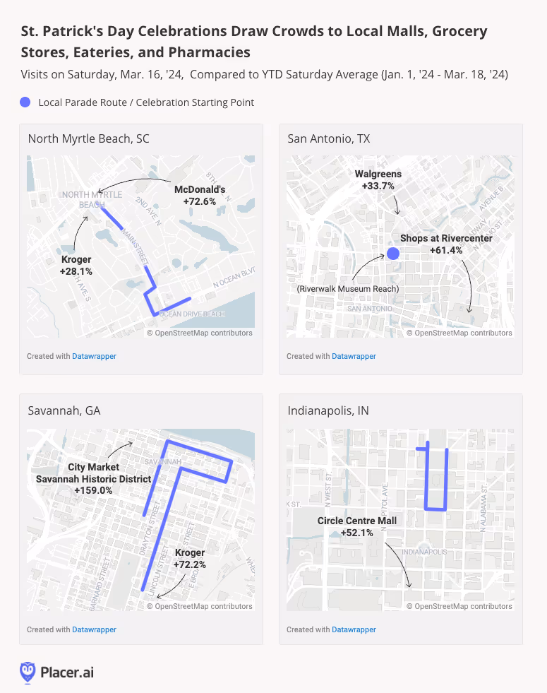 maps: St. Patrick's Day celebrations draw crowds to local malls, grocery stores, eateries, and pharmacies