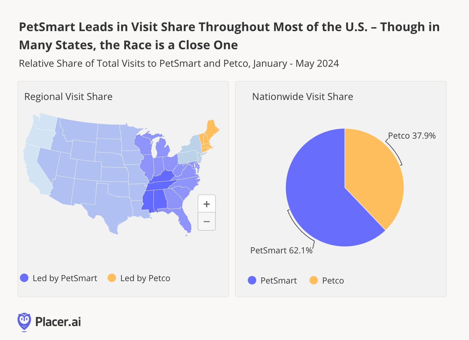 PetSmart leads in visit share throughout most of the U.S. - Though in Many states, The Race is a Close One